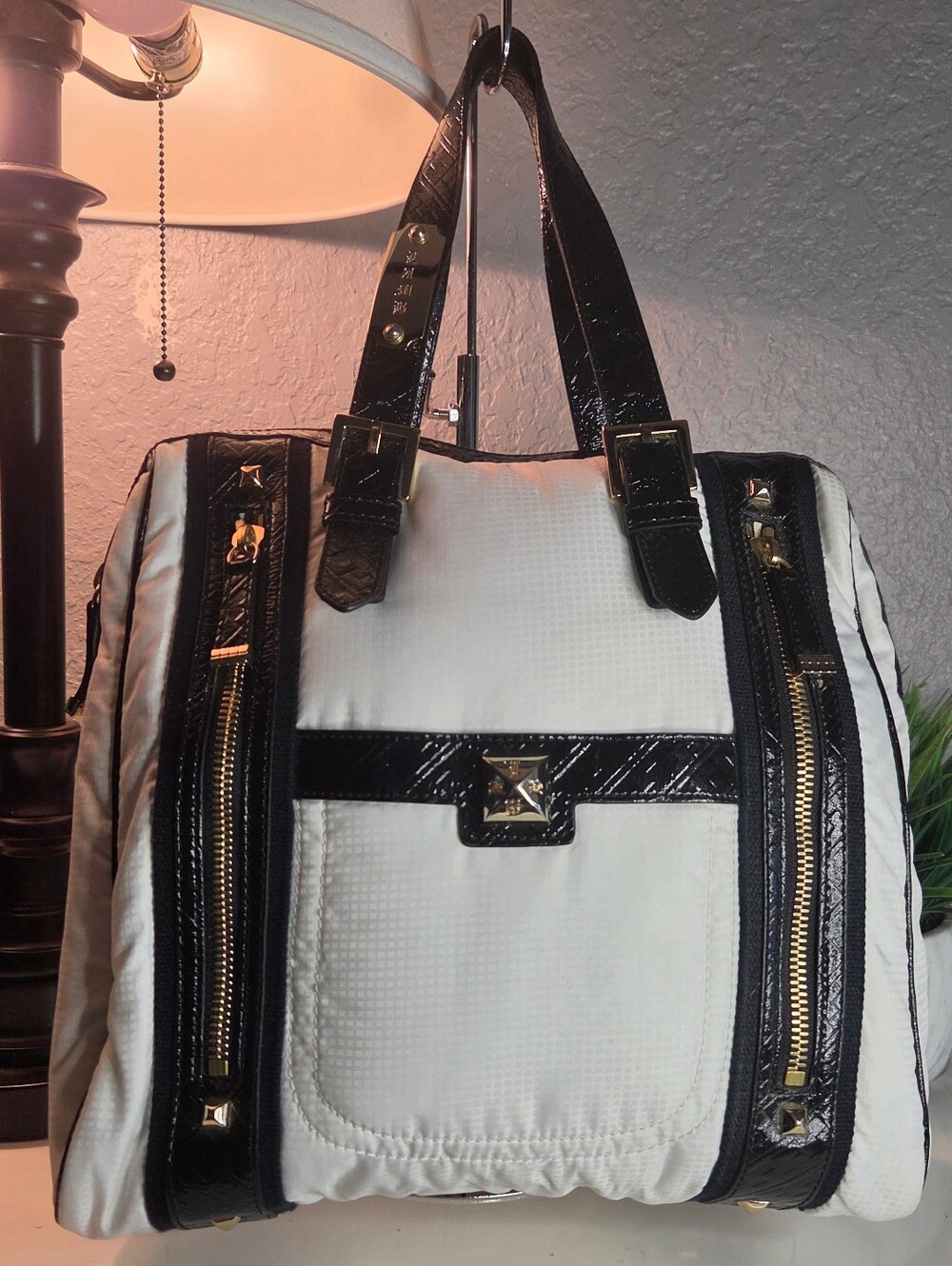 VINTAGE L.A.M.B. Gwen Stefani Quilted Nylon Patent Leather Tote Bag White Black